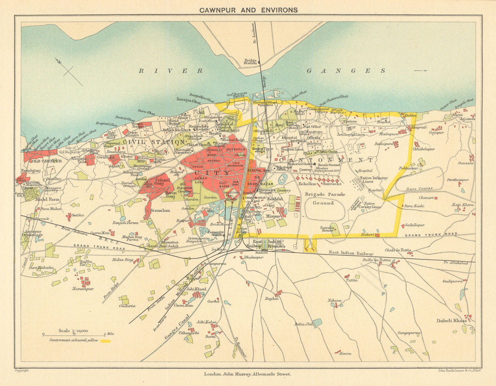 BRITISH INDIA. Cawnpur (Kanpur) city plan showing cantonment 1905 old map